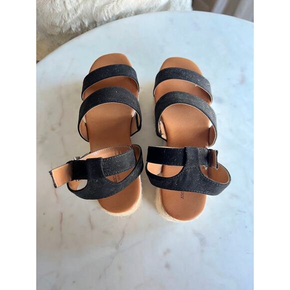 NWOT American Eagle Black Suede Chunky Jute Platform Wedge Sandals - Picture 7 of 8